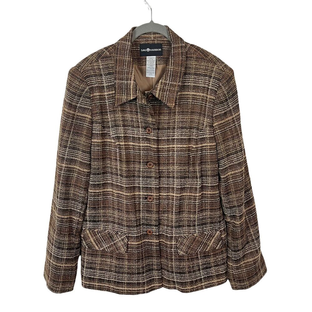 Sag Harbor Blazer Jacket Fall Tan Brown Plaid Long Sleeve Novelty Sz 14 Vintage